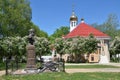 Pobeda village, Russia, Adygea, May, 09, 2013. Mihaylo-Afonskaya deserts monastery, the Church of Archangel Michael and monumen