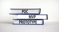 POC, MVP or prototype symbol. Books with words POC, proof of concept, MVP, minimum viable product and prototype. Beautiful white Royalty Free Stock Photo