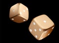 Pocer dice. View of golden white dice. Casino gold dice on black background. Online casino dice gambling concept isolated on black