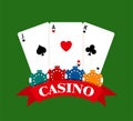 Pocker casino gambling set with cards, chips on green background. Online web casino banner. Vector illustration Royalty Free Stock Photo