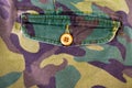 Pocket with a button on the fabric with a camouflage pattern. Ba