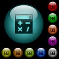 Pocket calculator icons in color illuminated glass buttons