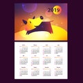 Pocket calendar 2019. Chinese earth horoscope sign. Silhouette