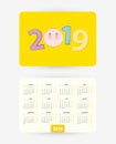 2019 pocket calendar with colorful numbers of year 2019