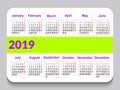 2019 pocket calendar in English. Template calendar grid. Horizontal orientation. Week starts on Monday. White background with spac