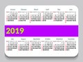 2019 pocket calendar in English. Template calendar grid. Horizontal orientation. Week starts on Sunday. White background