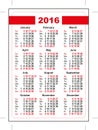 2016 pocket calendar. First day Sunday. Vertical orientation days of week