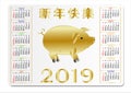 Pocket calendar for 2019 with a golden pig and congratulations in Chinese. Can be used as a template for corporate calendar. Royalty Free Stock Photo