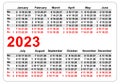 2023 pocket calendar grid template isolated on white vector