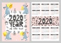 Pocket calendar with illustrations of funny mouse and cheese. Rat is symbol of the 2020 year Chinese calendar.