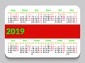 2019 pocket calendar in Russian with festive and weekend days. Template calendar grid. Horizontal orientation. White background