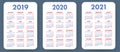 Pocket calendar 2019, 2020, 2021 set. Basic simple template. Wee Royalty Free Stock Photo