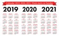 Pocket calendar 2019, 2020, 2021 set. Basic simple template. Week starts on Sunday Royalty Free Stock Photo