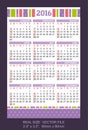 Pocket Calendar 2016, start on Sunday