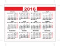 2016 pocket calendar. Template grid. Horizontal orientation days of week