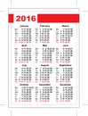 2016 pocket calendar. Template grid. Vertical orientation of days of week