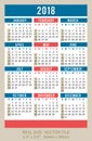 Pocket Calendar 2018, vector, start on Sunday