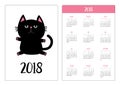 Pocket calendar 2018 year. Week starts Sunday. Black cat icon. Kawaii animal. Cute funny cartoon character. Kitty kitten Baby pet Royalty Free Stock Photo