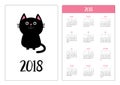 Pocket calendar 2018 year. Week starts Sunday. Black cat sitting icon. Cute funny cartoon character. Kawaii animal. Kitty kitten B Royalty Free Stock Photo