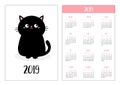 Pocket calendar 2019 year. Week starts Sunday. Black cat sitting icon. Cute funny cartoon character. Kawaii animal. Kitty kitten Royalty Free Stock Photo