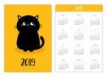 Pocket calendar 2019 year. Week starts Sunday. Black cat sitting icon. Cute funny cartoon character. Kawaii animal. Kitty kitten Royalty Free Stock Photo