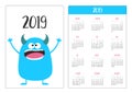 Pocket calendar 2019 year. Week starts Sunday. Blue monster icon. Cute funny cartoon kawaii baby character. White background. Flat