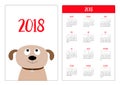 Pocket calendar 2018 year. Week starts Sunday. Dog face.