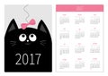 Pocket calendar 2017 year. Week starts Sunday. Flat design Vertical orientation Template. Black cat kitty head looking at pink bow Royalty Free Stock Photo