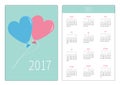 Pocket calendar 2017 year. Week starts Sunday. Flat design Vertical orientation Template. Blue and pink balloons in shape of heart Royalty Free Stock Photo