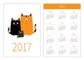 Pocket calendar 2017 year. Week starts Sunday. Flat design Vertical orientation Template. Cute cartoon cat family. Mother, father