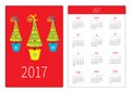 Pocket calendar 2017 year. Week starts Sunday. Flat design Vertical orientation Template. Firtree Christmas tree set in pot. Royalty Free Stock Photo