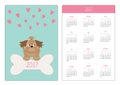 Pocket calendar 2017 year. Week starts Sunday. Flat design Vertical orientation Template. Little glamour tan Shih Tzu dog, hearts Royalty Free Stock Photo