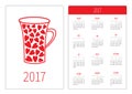 Pocket calendar 2017 year. Week starts Sunday. Flat design Vertical orientation Template. Red heart teacup. Love card.