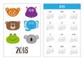 Pocket calendar 2018 year. Week starts Sunday. Jaguar, hippopotamus, elephant, bear, frog, koala. Zoo animal head face. Cute carto