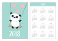 Pocket calendar 2018 year. Week starts Sunday. Panda ride