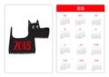 Pocket calendar 2018 year. Week starts Sunday. Scottish terrier black dog. Scottie puppy. Cute cartoon character. Pet animal colle Royalty Free Stock Photo