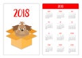 Pocket calendar 2018 year. Week starts Sunday. Shih Tzu Dog inside opened cardboard package box. Pet adoption. Puppy pooch. Adopt