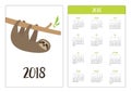 Pocket calendar 2018 year. Week starts Sunday. Sloth hanging on tree branch . Cute cartoon character. Wild jungle animal collectio Royalty Free Stock Photo
