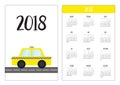 Pocket calendar 2018 year. Week starts Sunday. Taxi car cab icon on the road. Cartoon transportation collection. Yellow taxicab. C Royalty Free Stock Photo