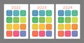 Pocket calendar 2022, 2023 and 2024 years. Portrait orientation. English colorful vector set. Vertical template. Design collection Royalty Free Stock Photo