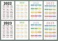 Pocket calendar 2022 and 2023 years. Portrait orientation. English colorful vector set. Vertical template. Design collection. Week