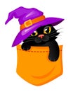 Pocket Cat in a witch hat. Halloween print with kitty for t-shirt Royalty Free Stock Photo