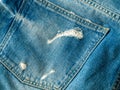 Pocket on denim pants, close-up, trousers made of thick cotton fabric with riveted seams on the pockets, jeans Royalty Free Stock Photo