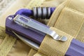 Pocket folding knife close-up. Hunting accessories Royalty Free Stock Photo