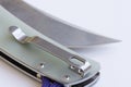 Pocket folding knife with stainless steel blade close-up. Hunting accessories. Photo mockup Royalty Free Stock Photo