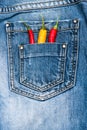 Pocket of jeans staffed with red and yellow chilly peppers, denim background. Peppers in back pocket of blue jeans