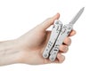 Pocket knife in hand. Isolate on a white background. Royalty Free Stock Photo