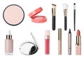 Pocket mirror, makeup brushes and decorative cosmetics on white background, collage Royalty Free Stock Photo