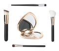 Pocket mirror and makeup brushes on white background, collage Royalty Free Stock Photo