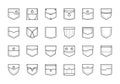 Pocket patches. Textile uniform pockets shapes for clothes bag vector pictures collection